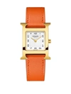 Pre-owned Hermes Heure H 23mm Goldplated & Leather Strap Watch In Orange