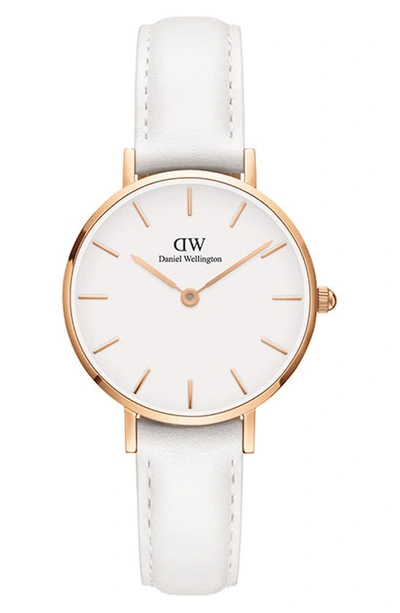 Daniel Wellington Classic Petite Leather Strap Watch, 32mm In White/ Rose Gold