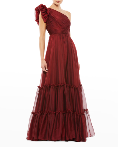 Mac Duggal Ruffled One Shoulder Tiered Chiffon Gown In Wine