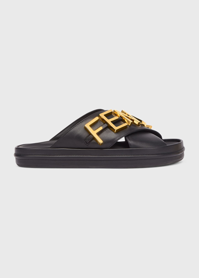 Fendi Logo Letter Crisscross Slide Sandals In Nero
