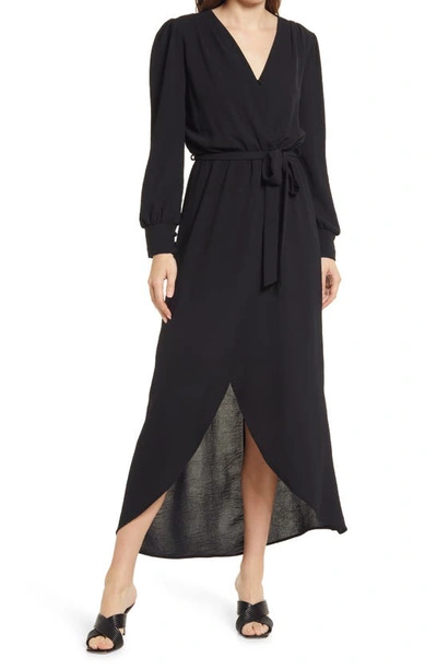 Fraiche By J Wrap Front Long Sleeve Dress In Black