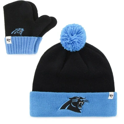 47 Babies' Infant ' Black/blue Carolina Trouserhers Bam Bam Cuffed Knit Hat With Pom And Mittens Set