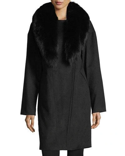Belle Fare Cashmere Coat W/detachable Fox Fur Collar In Black