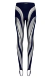 Mugler Paneled Tulle And Crepe De Chine Stirrup Leggings In Midnight Blue/ Black