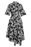 Adam Lippes Floral Ikat Asymmetric Stretch Cotton Poplin Midi Dress In Black Ikat/white