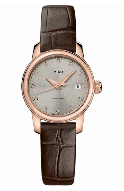 Mido Baroncelli Lady Leather Strap Watch, 25mm In Brown