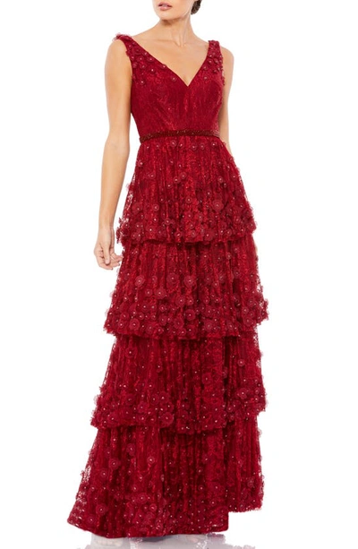 Mac Duggal Floral Applique Ruffled Tiered Sleeveless V Neck Gown In Burgundy
