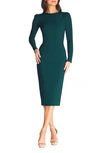 Dress The Population Nadia Long Sleeve Scoop Back Midi Dress In Pine