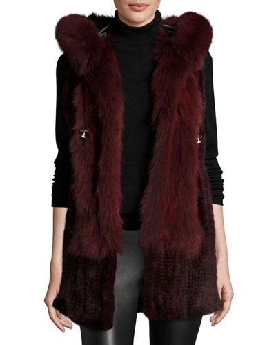 Belle Fare Hooded Mink Fur Vest W/ Fox Fur Trim In Wine