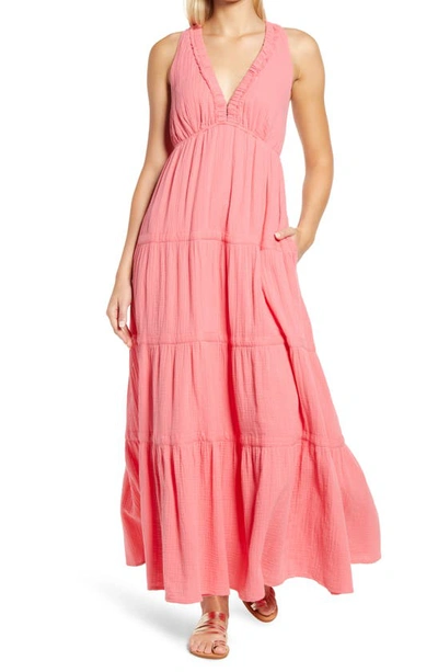 Btfl-life Tiered Cross Back Cotton Gauze Maxi Dress In Coral