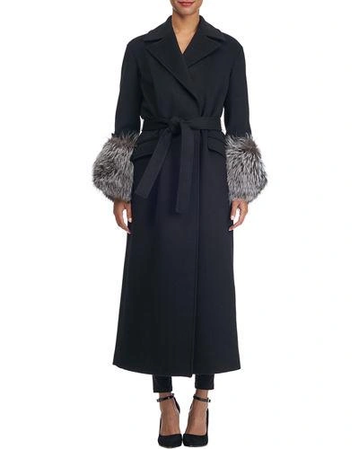 Giuliana Teso Belted Wool-blend Wrap Coat With Fur Cuffs In Black/silver