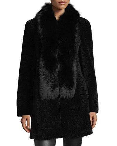 Belle Fare Shearling Coat W/fox Fur Trim In Black