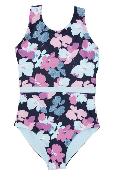 Zella Girl Kids' Reversible Journey One-piece Swimsuit In Navy Peacoat Bono Floral