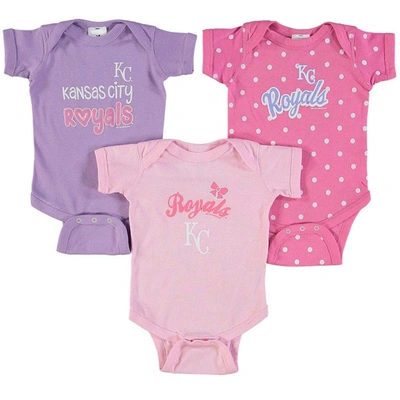 Soft As A Grape Babies' Girls Infant  Pink, Purple Kansas City Royals 3-pack Rookie Bodysuit Set In Pink,purple