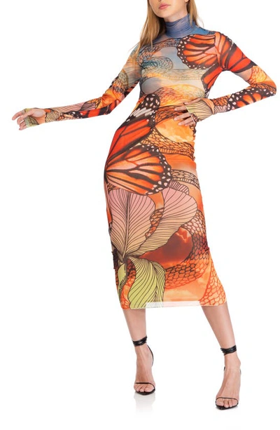 Afrm Shailene Long Sleeve Mesh Midi Dress In Butterfly | ModeSens