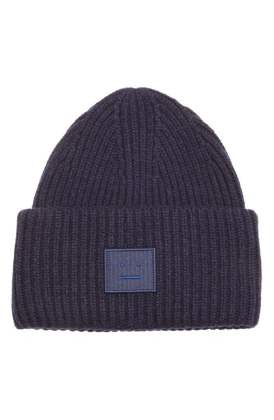 Acne Studios Pansy Face Patch Rib Wool Beanie In Navy