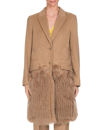 Givenchy Wool-cashmere Lace Single-breasted Coat With Fur Hem, Camel