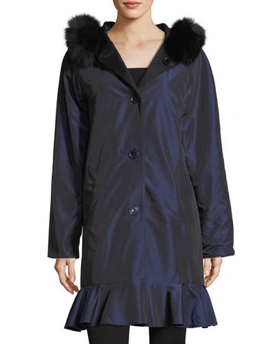 Sofia Cashmere Long-sleeve Button-front Reversible Raincoat W/ Fur Trim In Midnight/black