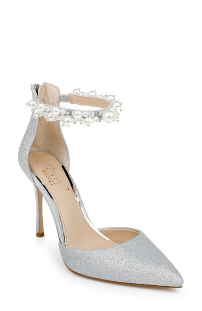Jewel Badgley Mischka Ankle Strap Pointed Toe Pump In Silver