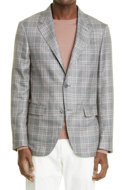 Zegna Prince Of Wales Easy Fit Cashmere, Silk & Hemp Blazer In Md Gry Ck