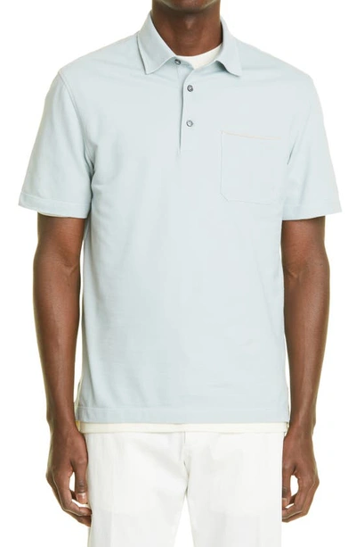Zegna Essential Cotton Piqué Short Sleeve Pocket Polo In Br Blu Sld