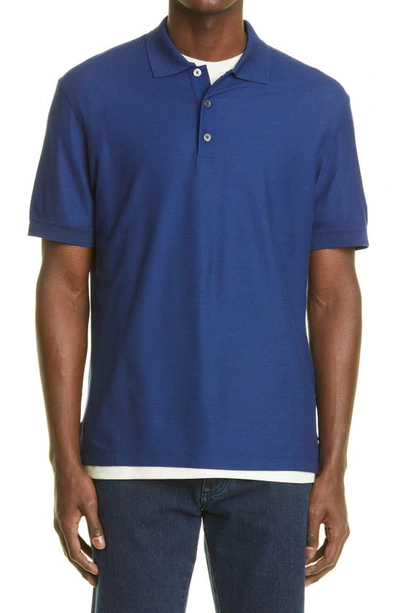 Zegna Honeycomb Short Sleeve Cotton & Silk Polo In Blue