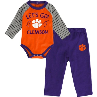 Outerstuff Babies' Newborn And Infant Orange, Purple Clemson Tigers Touchdown 2.0 Raglan Long Sleeve Bodysuit And Pants In Orange,purple