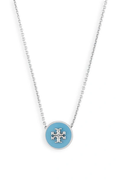 Tory Burch Kira Enamel Pendant Necklace In Tory Silver/ Lanai Blue