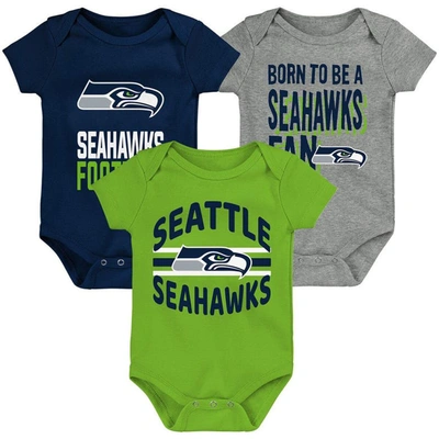 Outerstuff Babies' Newborn & Infant College Navy/neon Green/heathered Gray Seattle Seahawks 3rd Down & Goal Three-piece In College Navy,neon Green,heathered Gray