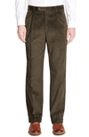 Berle Traditional Fit Pleated Corduroy Trousers In Olive