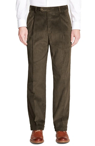 Berle Traditional Fit Pleated Corduroy Trousers In Olive