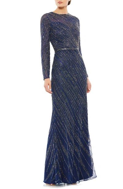 Mac Duggal Beaded Long Sleeve Column Gown In Midnight