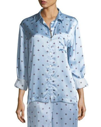 Asceno Sky Star Silk-satin Pajama Top In Blue Pattern