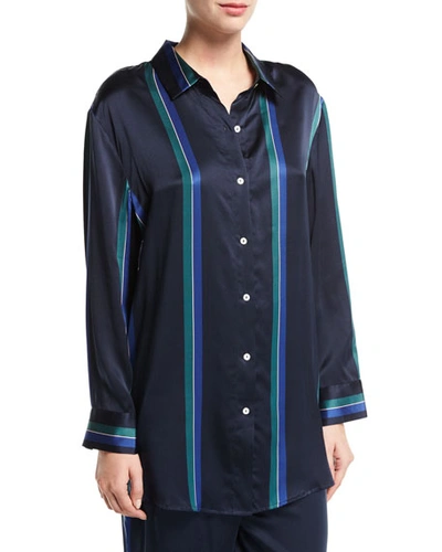 Asceno Midnight Stripe Silk-satin Pajama Top In Blue Pattern