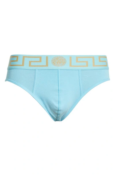 Versace Greca Border Briefs In 2v070 Light Blue Gold