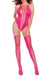 Dreamgirl Strappy Seamless Teddy With Thigh High Stockings In Neon Pink