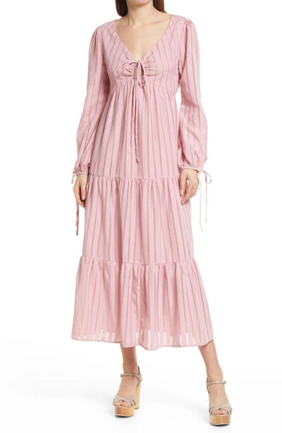 Charles Henry Tiered Long Sleeve Midi Dress In Blush