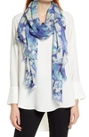 Nordstrom Eyelash Trim Print Cashmere & Silk Wrap In Blue Feather Painted Petals