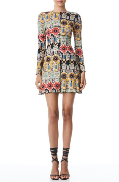 Alice And Olivia Delora Printed Long Sleeve Silk Minidress In Now And Forever Tangerine