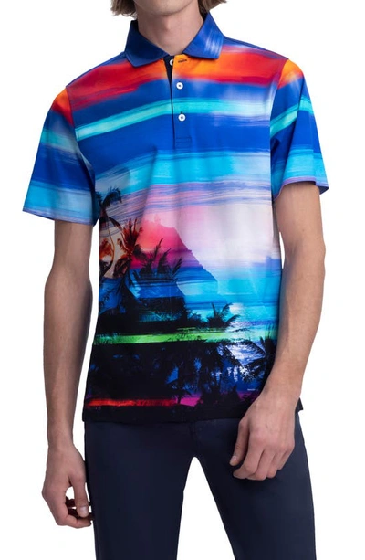 Bugatchi Tropical Print Cotton Polo In Night Blue