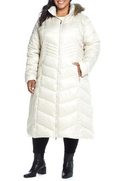 Gallery Hooded Maxi Puffer Coat With Faux Fur Trim In Peyote