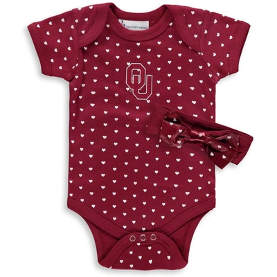 Two Feet Ahead Babies' Girls Infant Boys And Girls Crimson Oklahoma Sooners Hearts Bodysuit And Headband Set, 2 Pack