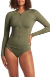 Sea Level Zip-up Long Sleeve Rashguard Top In Khaki
