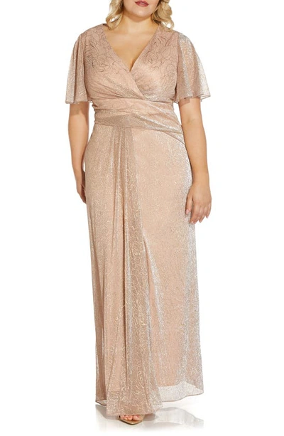 Adrianna Papell Metallic Mesh Drape Gown In Rose Gold