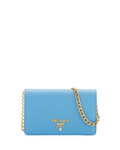 Prada Saffiano Flap Crossbody Wallet-on-chain In Blue