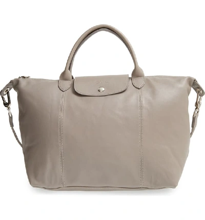 Longchamp Medium 'le Pliage Cuir' Leather Top Handle Tote - Grey In Pebble