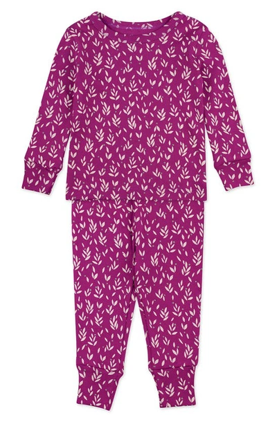 Oliver & Rain Babies' Leaf Print Fitted Two-piece Organic Cotton Pajamas In Plum