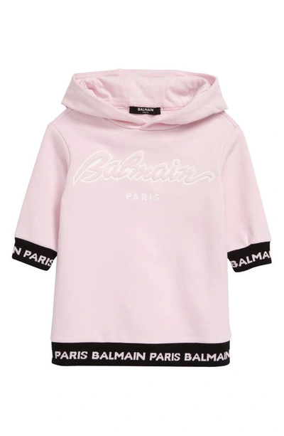 Balmain Babies' Logo-tape Hoodie Dress In Pink With Black