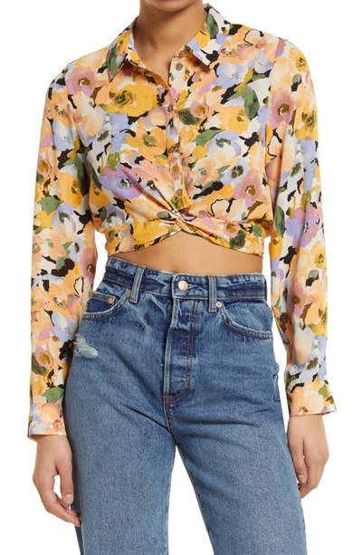Vero Moda Macy Floral Print Crop Button-up Shirt In Fany Radiant Yellow