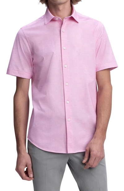 Bugatchi Tech Slub Knit Short Sleeve Stretch Cotton Button-up Shirt In Pink